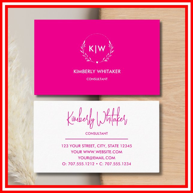 Rosa und Weiß | Monogram für moderne Initials Visitenkarte (Pink and White | Modern Initials Monogram Business Card)