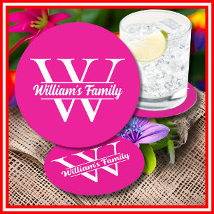 Rosa und Weiß   Monogramm für einfache Familiennam Runder Pappuntersetzer