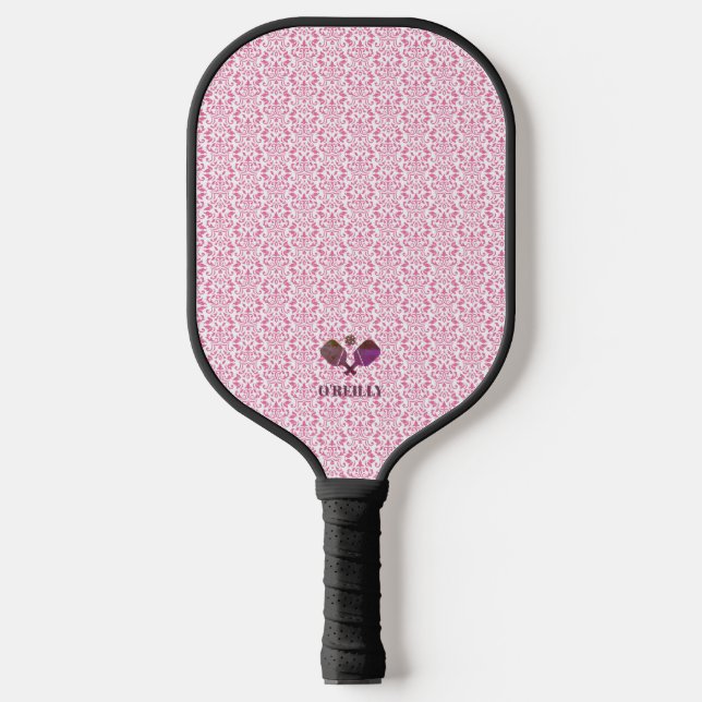 Rosa und Weiß Muster Moderne Monogramme Pickleball Schläger (Vorderseite)