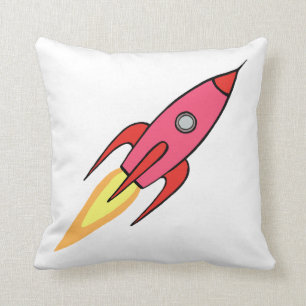 Rosa und Weiß, Niedliches Retro-Rocketship-Cartoon Kissen