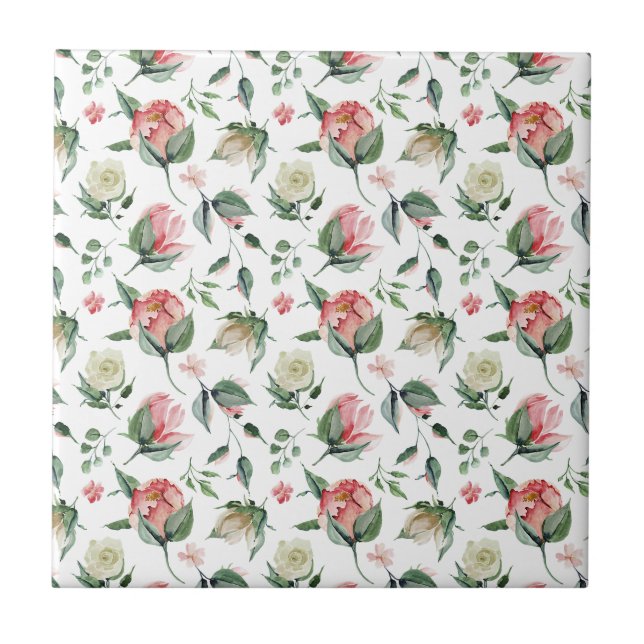 Rosa und Weiß Rosen Nahtlose Keramik Tile Fliese (Vorderseite)
