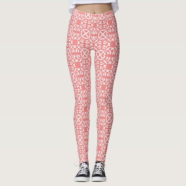 Rosa und Weiß über Abstrakte Yogopflanzen Leggings (Vorderseite)