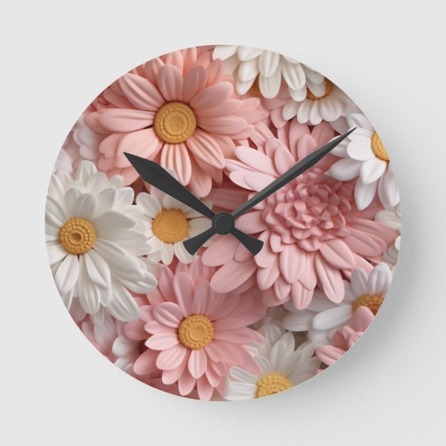 Rosa und weiße 3D-Blume Runde Wanduhr (Vorderseite)