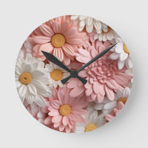 Rosa und weiße 3D-Gänseblümchen-Blume Runde Wanduhr