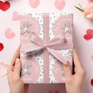 Rosa und weiße Babys 1. Valentinstag Teddy Bear Geschenkpapier