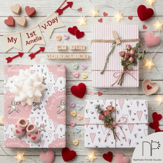Rosa und weiße Babys 1. Valentinstag Teddy Bear Geschenkpapier Set (Hand drawn teddy bear wrapping paper for baby girl 1st valentine or birthday celebrations)