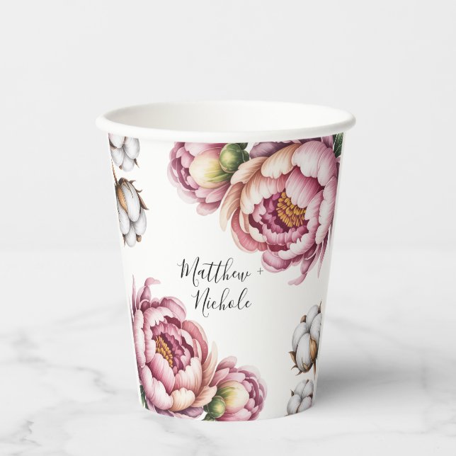 Rosa und weiße Baumwollhochzeit Pappbecher (Vorderseite)