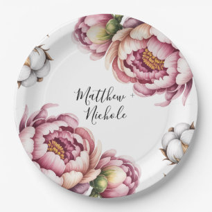 Rosa und weiße Baumwollhochzeit Pappteller