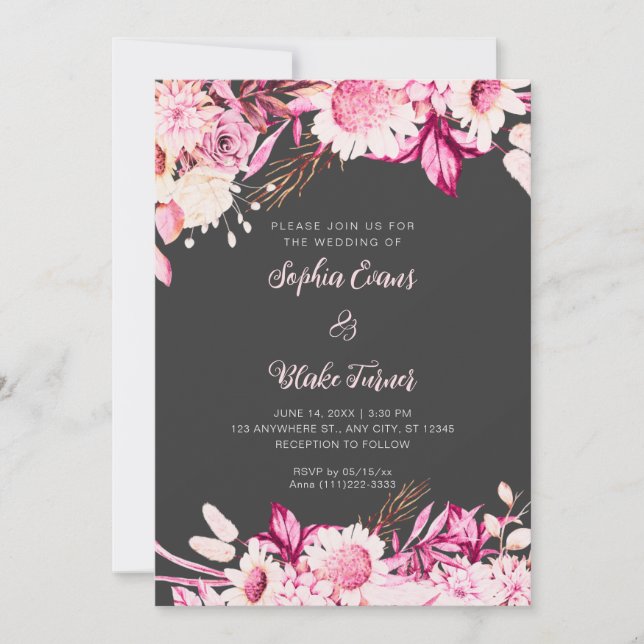 Rosa und weiße Blume Boho Gray Wedding Einladung (Vorderseite)
