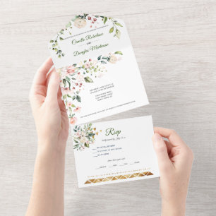 Rosa und weiße Blume Gold Akzente All In One Einladung