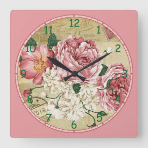 Rosa und weiße Blume Quadratische Wanduhr