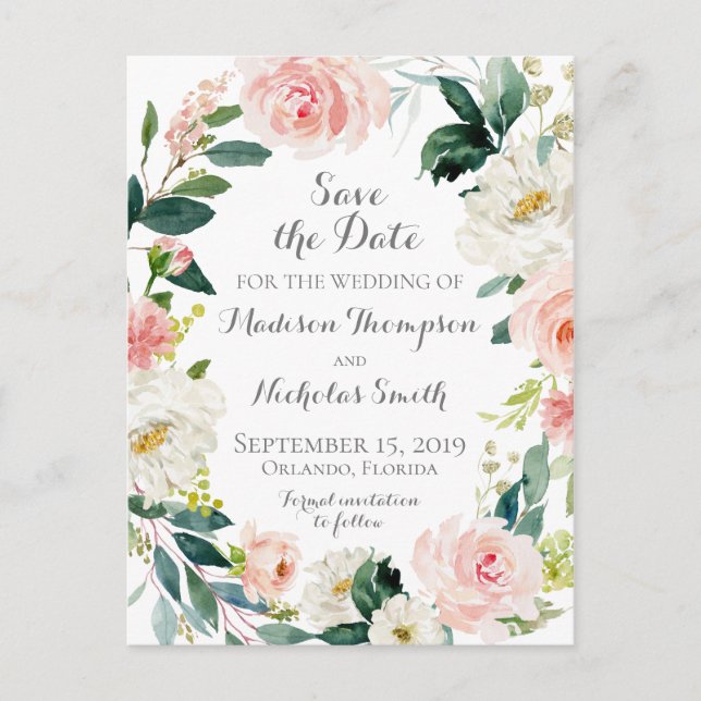 Rosa und weiße Blume Save the Date Postkarten (Vorderseite)