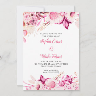 Rosa und weiße Blumen Boho Weiße Hochzeit Einladung