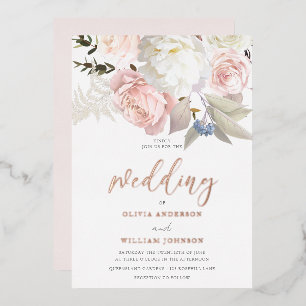 Rosa und weiße Blumen Rose Gold Hochzeit Folieneinladung