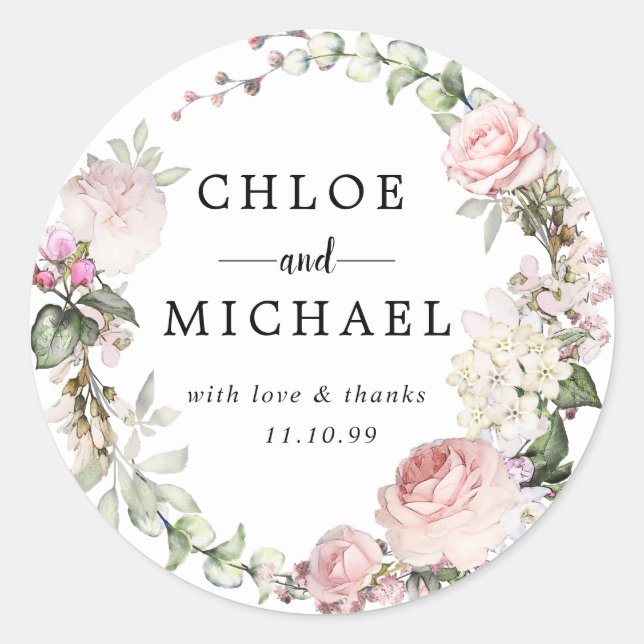 Rosa und Weiße Blumenhochzeit Vielen Dank für Ihr  Runder Aufkleber (Vorderseite)