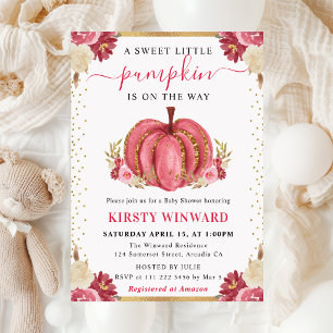Rosa und Weiße Blumige Kürbis Herbst Babyshower Einladung