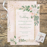 Rosa und Weiße Blüte mit goldener Hochzeit Einladung<br><div class="desc">Schöne, weiche Blume mit Weiß und Weiß, ergänzt durch einen schlichten grünen Akzent zwei Eckpunkte dieser Einladung. Das Design ist auf einem weichen, blüten Aquarell-Hintergrund, und durch die Imitate goldenen Glitzer-Boxen und Imitate goldenen Spritzer betont. Der Rücken trägt den Aquarell und Gold. Einfach und dennoch elegant, ist diese Karte Teil...</div>