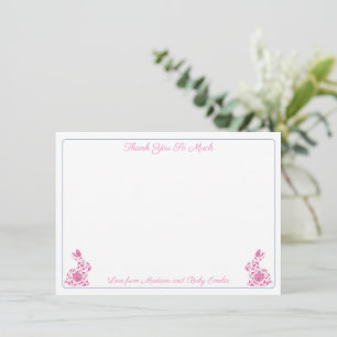 Rosa und weiße Chinoiserie-Hasenmädchen-Baby-Party Dankeskarte