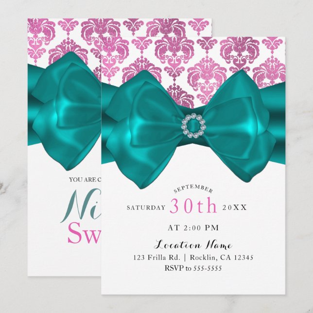 Rosa und weiße Damaske Aquamarin Bow Glam Sweet 16 Einladung (Vorne/Hinten)