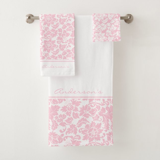 Rosa und weiße Damast Badhandtuch Set (Insitu)