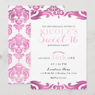Rosa und weiße Damast Chic Elegante Sweet 16 Party Einladung