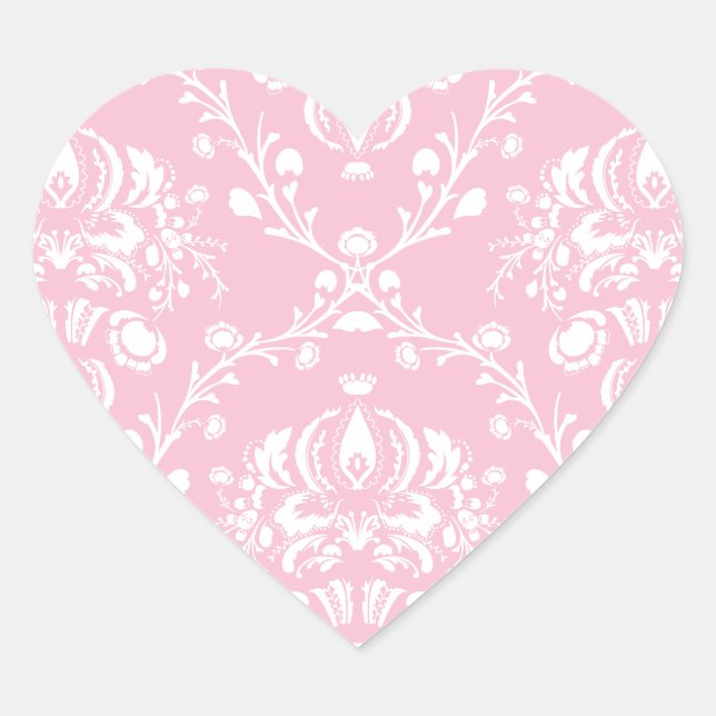 Rosa und weiße Damast Herz-Aufkleber (Vorderseite)