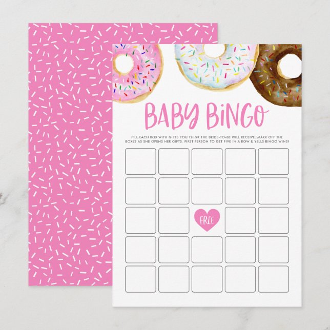 Rosa und weiße Donuts Kinderdusche Bingo Spielkart Begleitkarte (Vorne/Hinten)