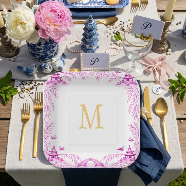 Rosa und weiße florale Weidenfliesen-Monogramm Pappteller (Pink and White Floral Willow Tile Monogram Paper Plates)