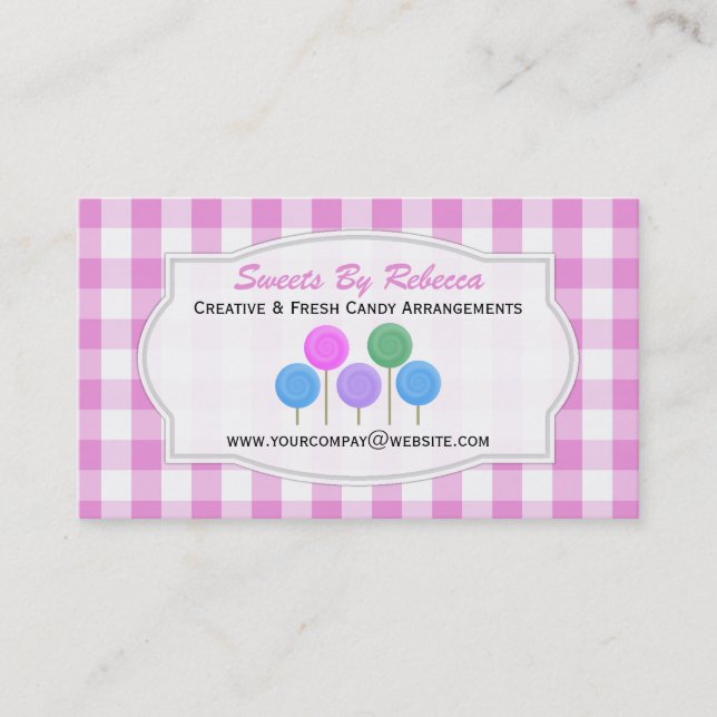 Rosa und weiße Gingham: Candy Business Card Visitenkarte (Vorderseite)