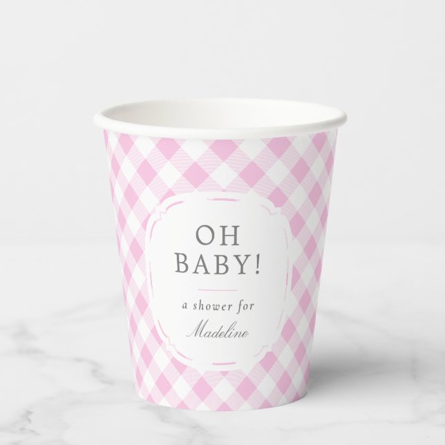 Rosa und weiße Gingham Muster Oh Babydusche Pappbecher