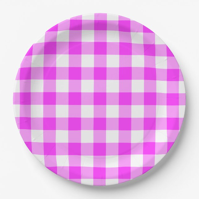 Rosa und weiße Gingham-Muster Pappteller (Vorderseite)