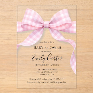 Rosa und Weiße Gingham-Schleifen-Baby-Shower-Einla Acryleinladungen