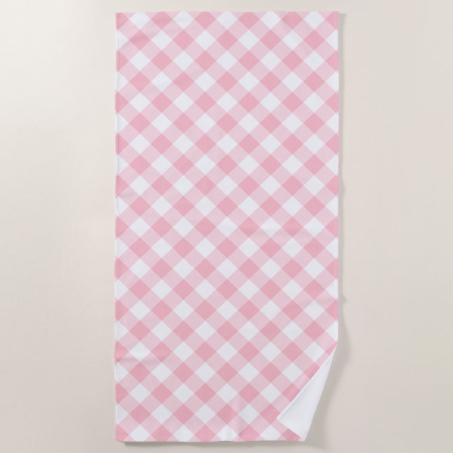 Rosa und weiße große Diagonal-Gingham-Karos Strandtuch (Vorderseite)