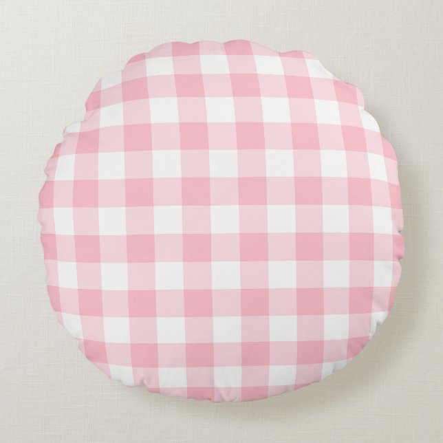 Rosa und weiße große Gingham-Karos Rundes Kissen (Vorderseite)