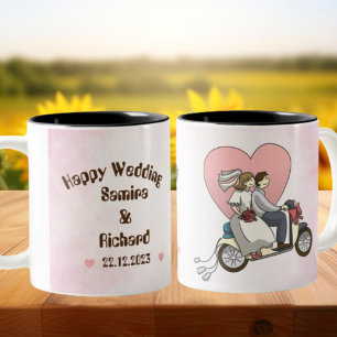Rosa und weiße Illustriert Happy Wedding Tasse