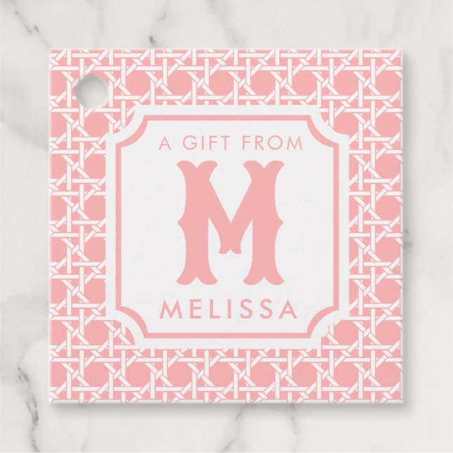 Rosa und Weiße Kanne | Rattan | Monogramm Geschenkanhänger (Vorderseite)