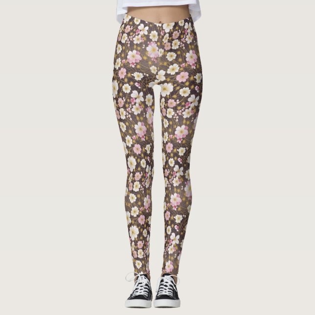 Rosa und weiße Kosmos Blumenmuster Leggings (Vorderseite)