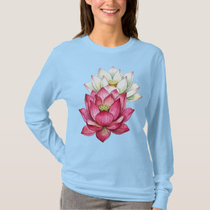 Rosa und weiße Lotusblüten-Wasserfarbe T-Shirt