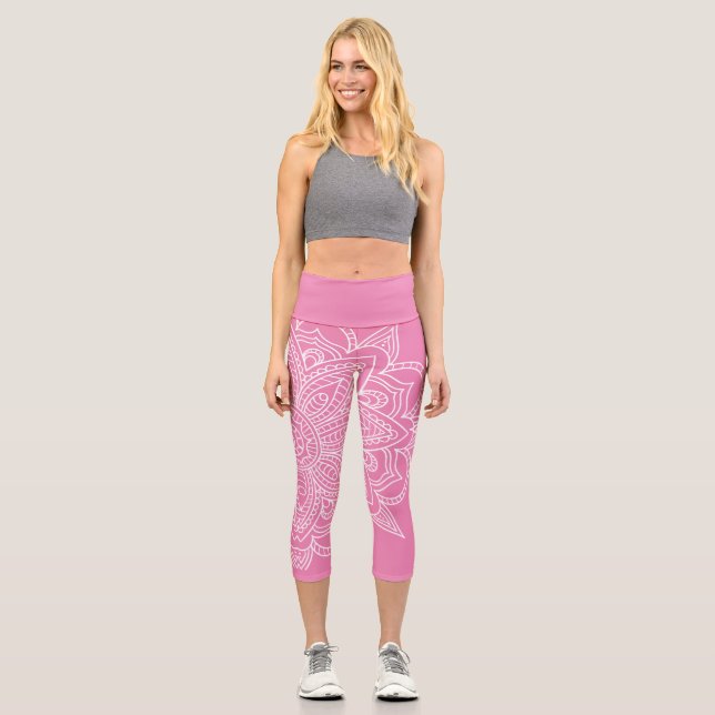 Rosa und weiße Mandala Yoga Capri Leggings (Vorderseite)