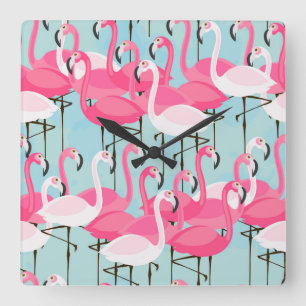 Rosa und weiße Menge der Flamingos Quadratische Wanduhr