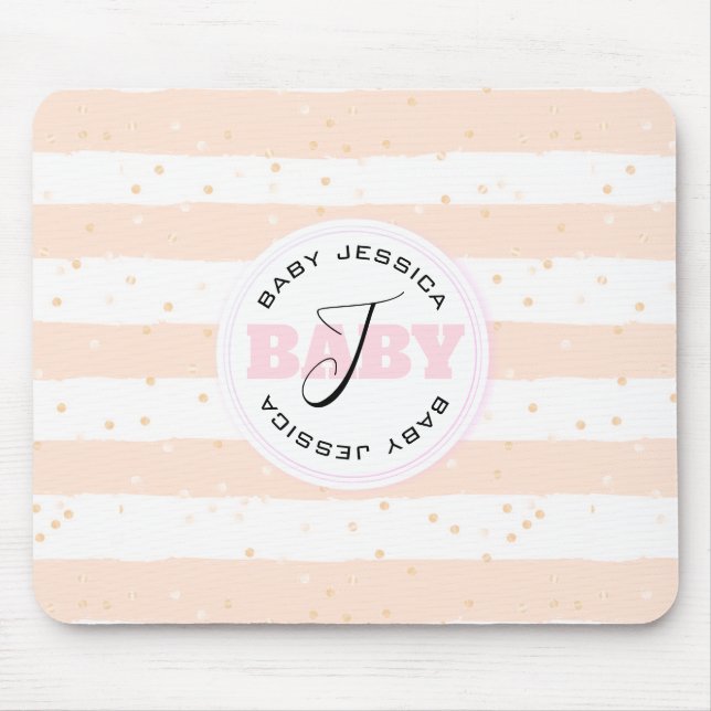 Rosa und weiße Mit Monogramm Babystreifen Mousepad (Vorne)