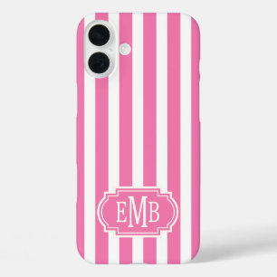 Rosa und weiße monogrammierte Streifen iPhone 16 Plus Hülle
