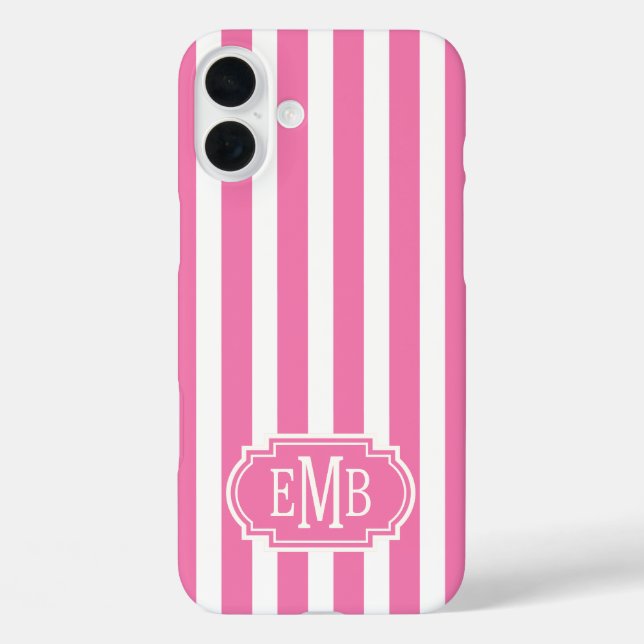 Rosa und weiße monogrammierte Streifen Case-Mate iPhone Hülle (Rückseite)