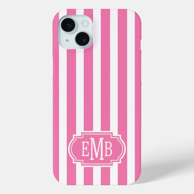 Rosa und weiße monogrammierte Streifen Case-Mate iPhone Hülle (Rückseite)