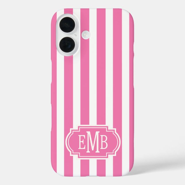 Rosa und weiße monogrammierte Streifen Case-Mate iPhone Hülle (Rückseite)