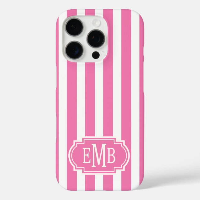 Rosa und weiße monogrammierte Streifen Case-Mate iPhone Hülle (Rückseite)