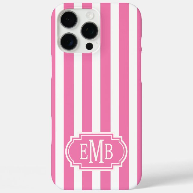 Rosa und weiße monogrammierte Streifen Case-Mate iPhone Hülle (Rückseite)
