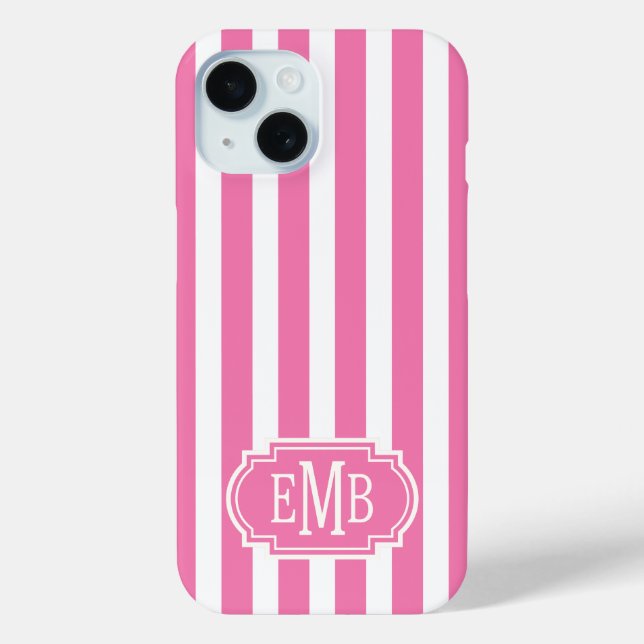 Rosa und weiße monogrammierte Streifen Case-Mate iPhone Hülle (Rückseite)