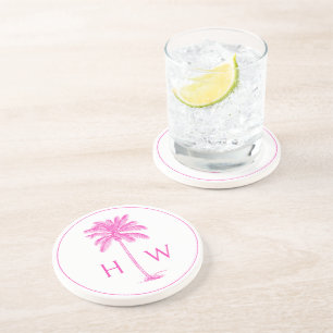 Rosa und weiße Palm-Palmetto-Baum-Monogramm Getränkeuntersetzer