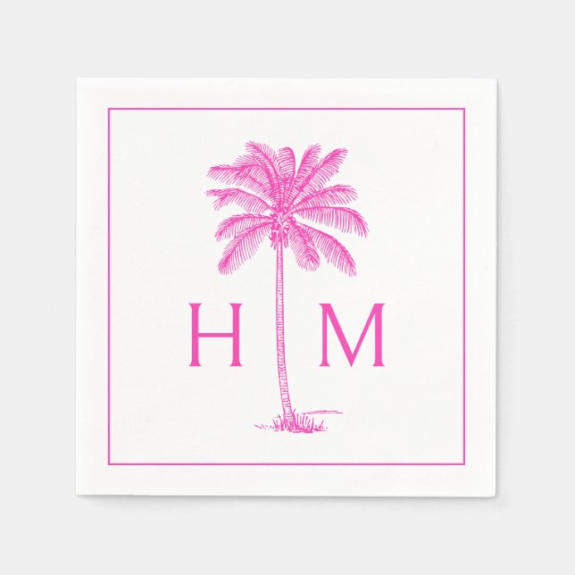 Rosa und weiße Palm-Palmetto-Baum-Monogramm Serviette (Vorderseite)